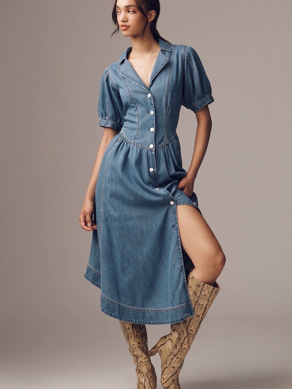 Anthropologie Pilcro Short-Sleeve Denim Midi Shirt Dress 14 (fits 8/10)
